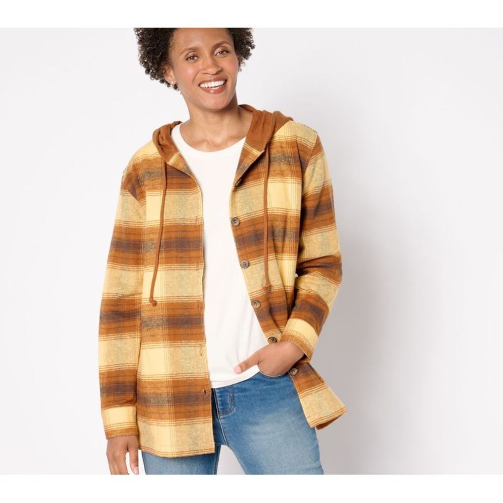 Belle by Kim Gravel Women's Jacket Sz L Hooded Plaid Shacket Brown A682601